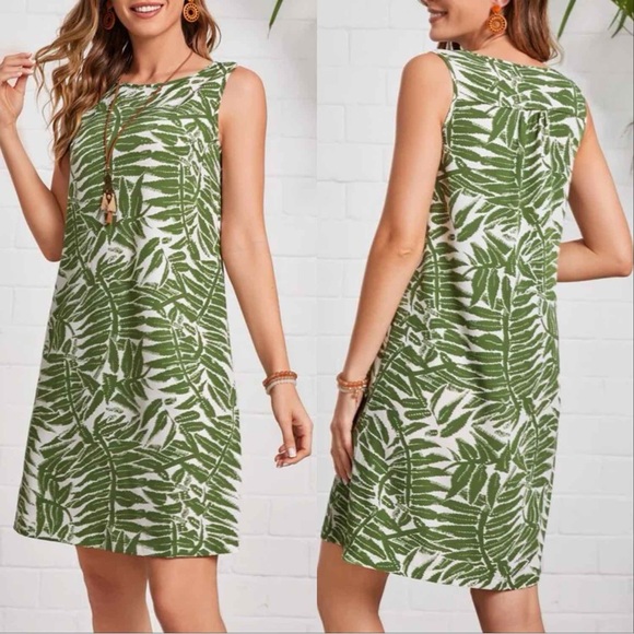 PALM LEAF PRINT DRESS WITH POCKETS - Picture 2 of 3